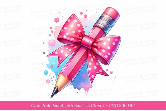 Cute Pink Pencil with Bow Tie Clipart