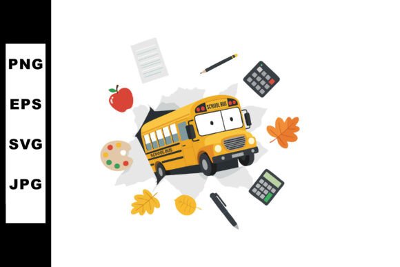 Embracing Back to School with Autumn Leaves, Apples, and a Cartoon Style School Bus