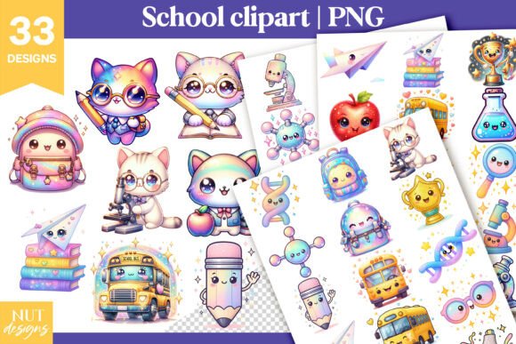 Iridescent School Clipart Bundle PNG