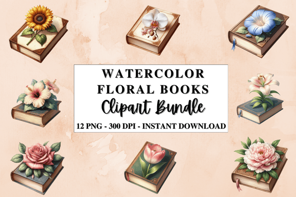 Watercolor Floral Books Clipart Bundle