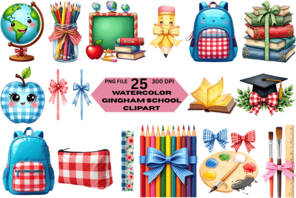 Watercolor Gingham School Clipart