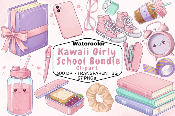 Watercolor Kawaii Girly School Clipart